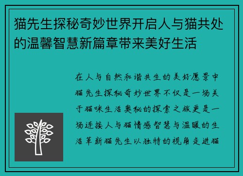 猫先生探秘奇妙世界开启人与猫共处的温馨智慧新篇章带来美好生活 猫先生探秘奇妙世界开启人与猫共处的温馨智慧新篇章带来美好生活
